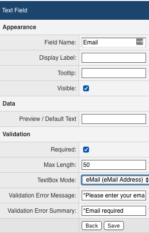 Form Builder Text field options screenshot